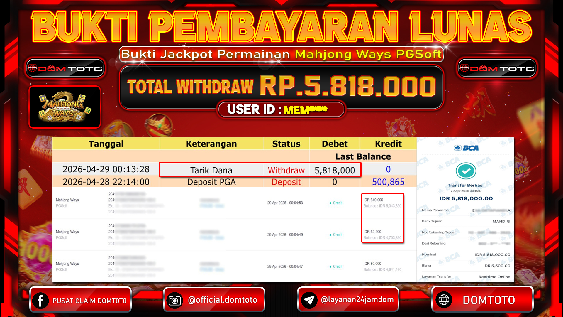 JACKPOT SLOT Mahjong Ways PGSoft 29 APRIL 2026